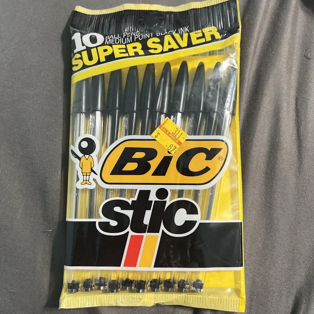 Vintage 1990 Bic Stic 10 pk Ballpoint Stick Pens Black Ink‎ M Medium Point NOS